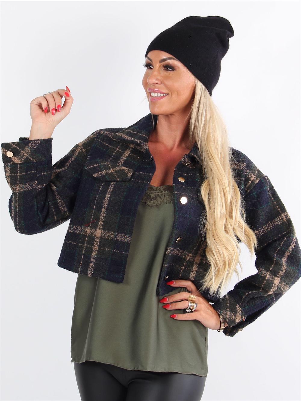 Elin - Bordeauxrød ternet jakke med guld knapper i cropped look